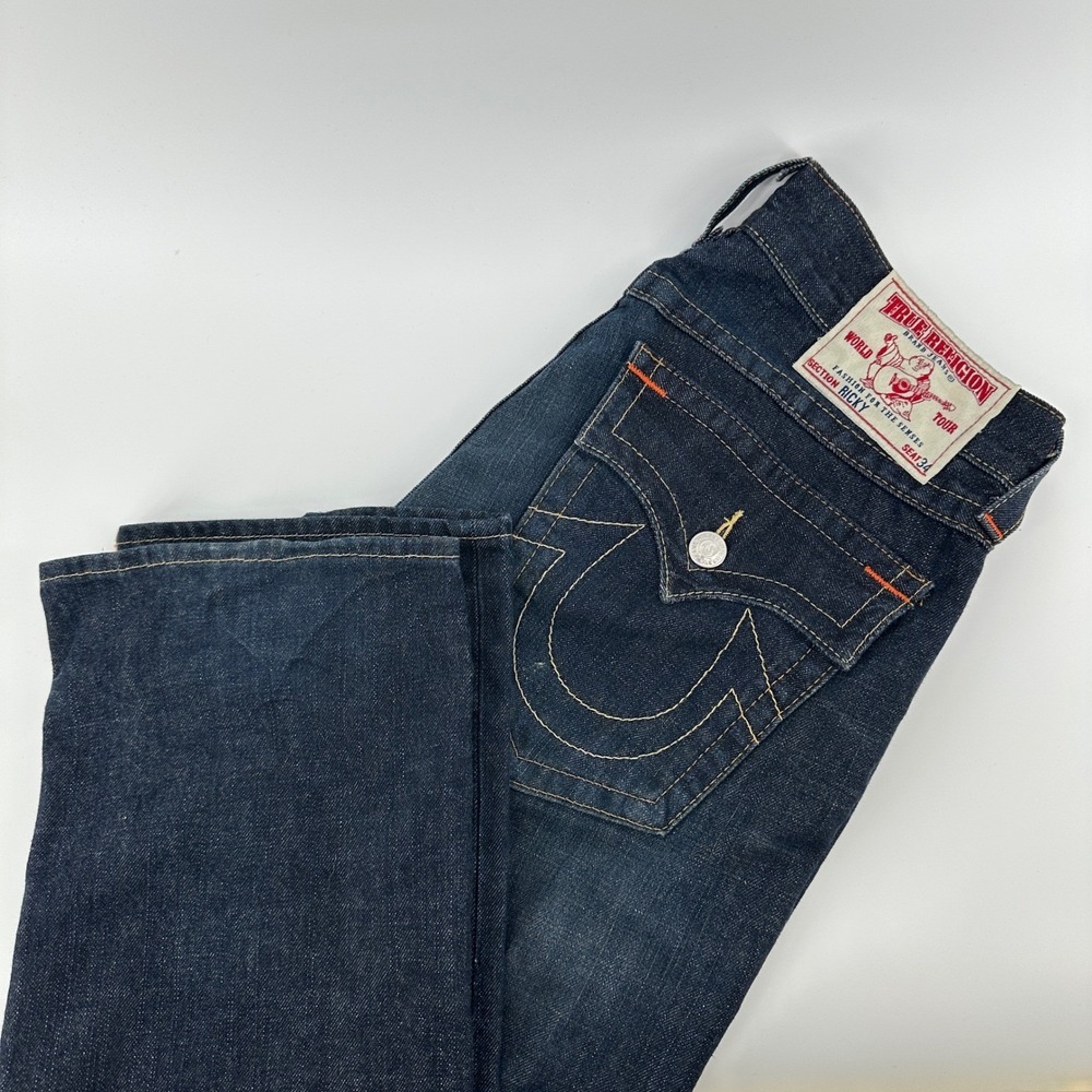True Religion Super T Flap Ricky Boot Jeans 34x34 RARE Orange Stitch Big Rivet